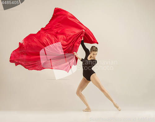 Image of Modern ballet dancer dancing in full body on white studio background.