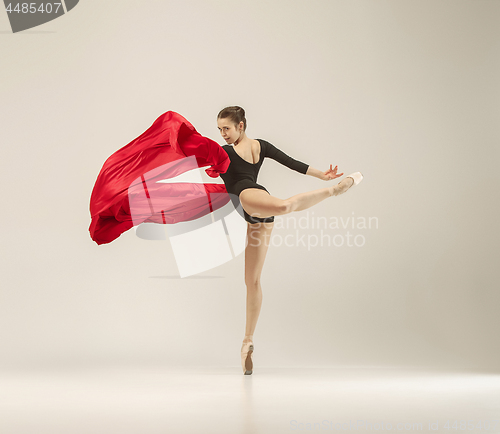 Image of Modern ballet dancer dancing in full body on white studio background.