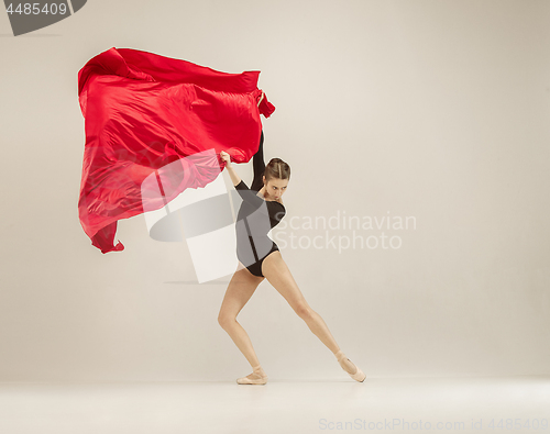 Image of Modern ballet dancer dancing in full body on white studio background.