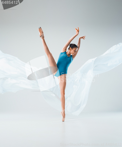 Image of Modern ballet dancer dancing in full body on white studio background.