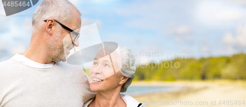 Image of happy senior couple hugging over beach background