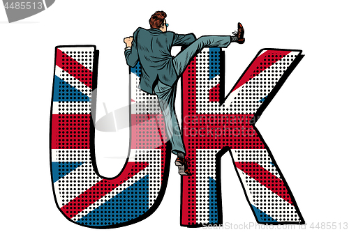 Image of businessman overcomes the border. UK word flag. isolate on white background