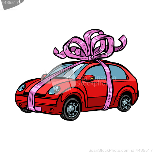 Image of car gift, transport tied with festive ribbons. Isolate on white background