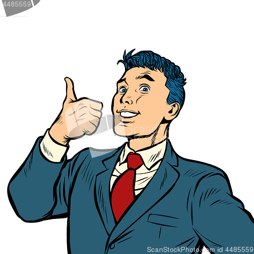 Image of businessman smile thumb up like gesture isolate on white background