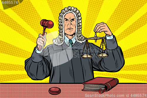 Image of judge with a hammer. scales of justice