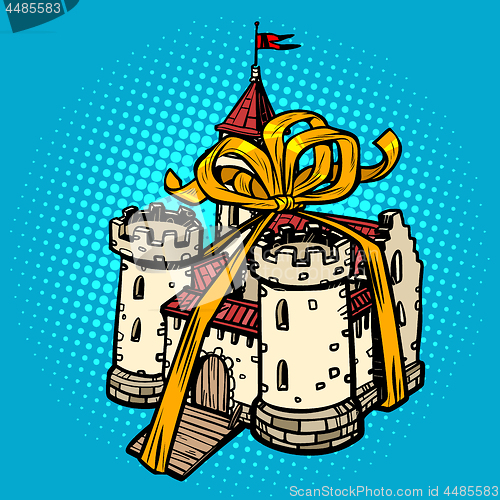 Image of gift ribbon medieval castle, fairy kingdom. real estate