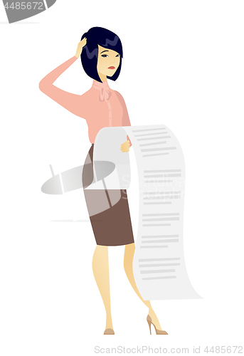 Image of Business woman holding long bill.