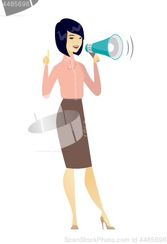 Image of Asian business woman talking into loudspeaker.