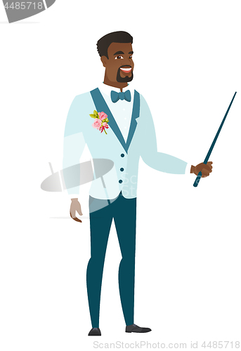 Image of African-american groom holding pointer stick.