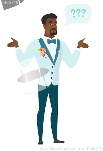 Image of African-american confused groom with spread arms.