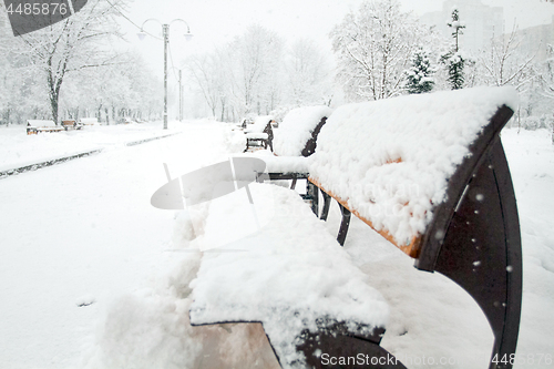 Image of Park with Bench covered with Snow