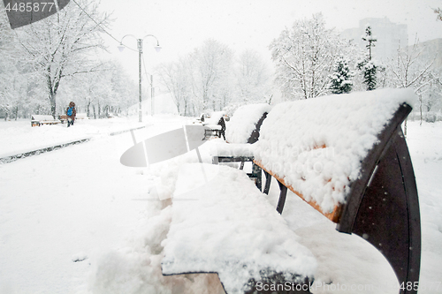 Image of Park with Bench covered with Snow