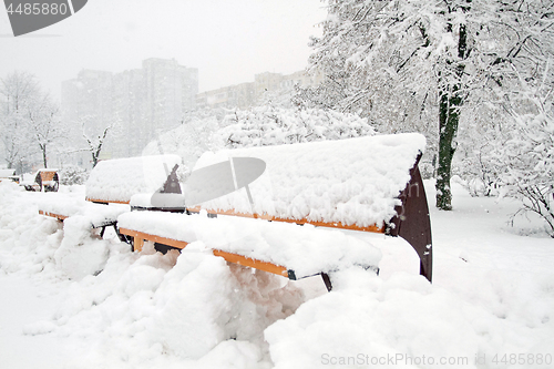 Image of Park with Bench covered with Snow