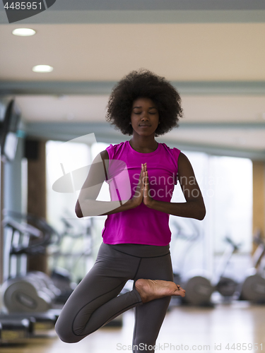 Image of african american woman exercise yoga in gym