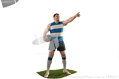 Image of The silhouette of one caucasian rugby man player isolated on white background