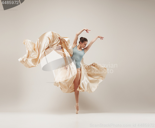 Image of Modern ballet dancer dancing in full body on white studio background.