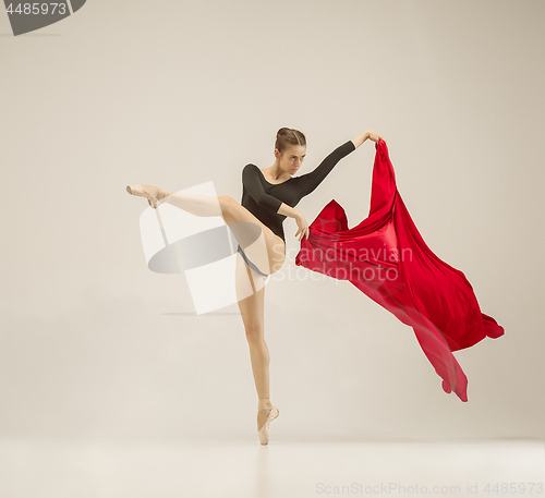 Image of Modern ballet dancer dancing in full body on white studio background.