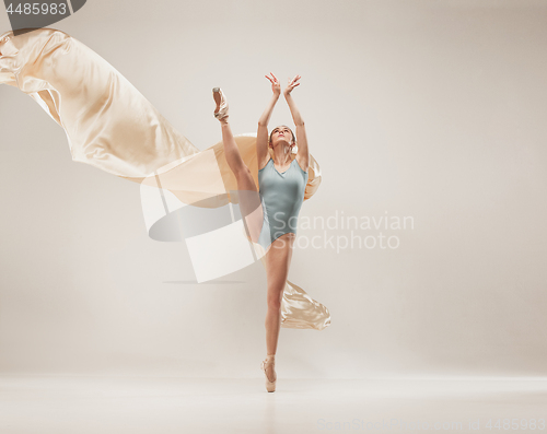 Image of Modern ballet dancer dancing in full body on white studio background.