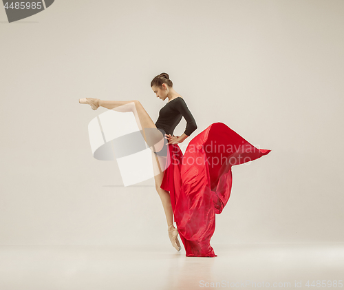 Image of Modern ballet dancer dancing in full body on white studio background.