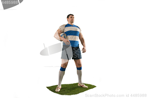 Image of The silhouette of one caucasian rugby man player isolated on white background