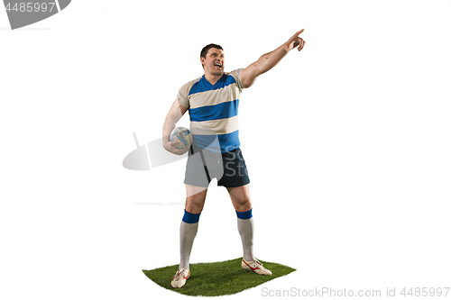 Image of The silhouette of one caucasian rugby man player isolated on white background