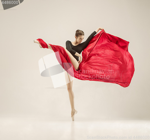 Image of Modern ballet dancer dancing in full body on white studio background.