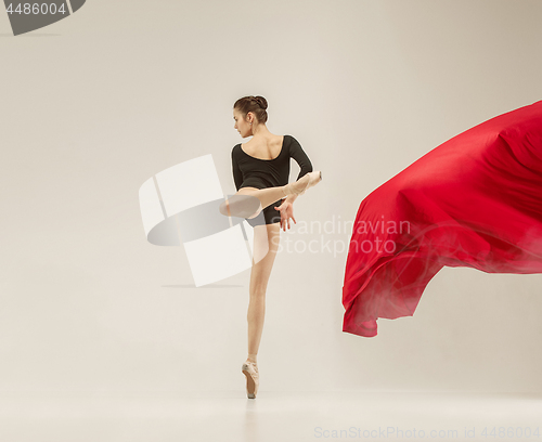 Image of Modern ballet dancer dancing in full body on white studio background.