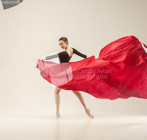 Image of Modern ballet dancer dancing in full body on white studio background.