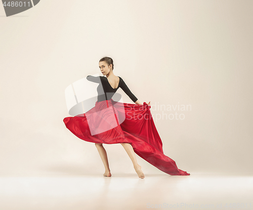 Image of Modern ballet dancer dancing in full body on white studio background.