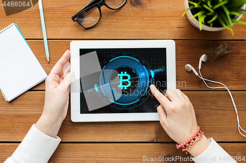 Image of hands with bitcoin on tablet pc computer screen