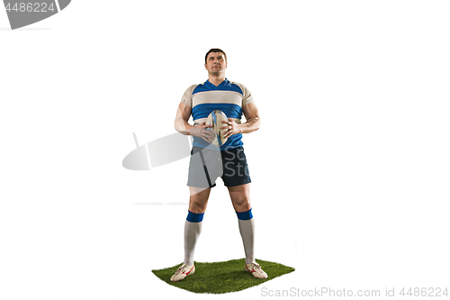 Image of The silhouette of one caucasian rugby man player isolated on white background