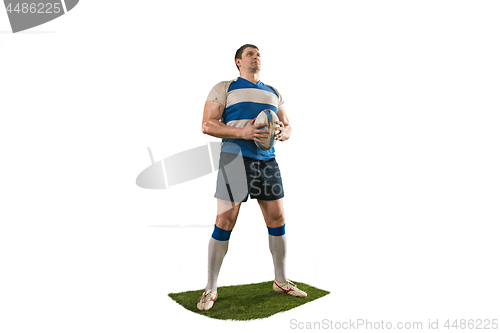 Image of The silhouette of one caucasian rugby man player isolated on white background