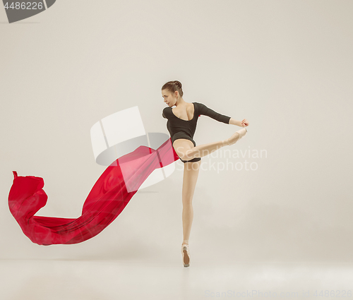 Image of Modern ballet dancer dancing in full body on white studio background.