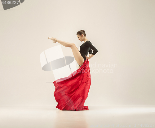 Image of Modern ballet dancer dancing in full body on white studio background.