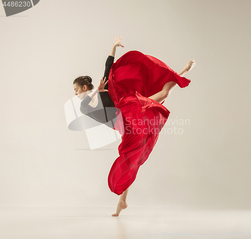 Image of Modern ballet dancer dancing in full body on white studio background.