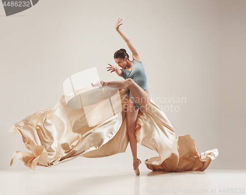 Image of Modern ballet dancer dancing in full body on white studio background.