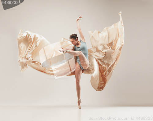 Image of Modern ballet dancer dancing in full body on white studio background.