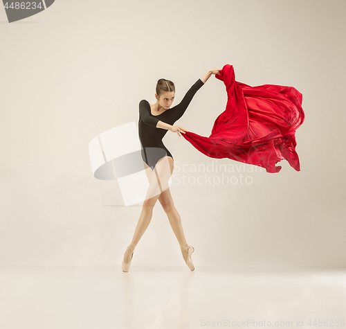Image of Modern ballet dancer dancing in full body on white studio background.
