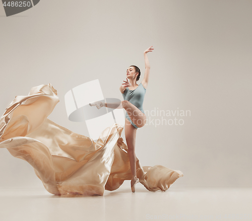 Image of Modern ballet dancer dancing in full body on white studio background.