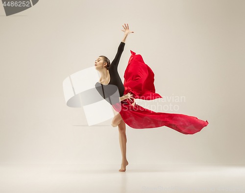 Image of Modern ballet dancer dancing in full body on white studio background.