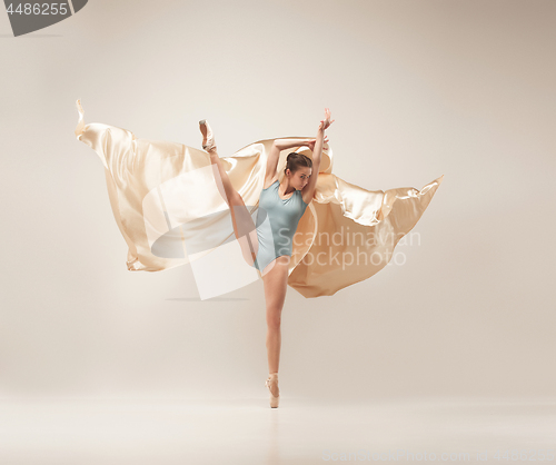 Image of Modern ballet dancer dancing in full body on white studio background.