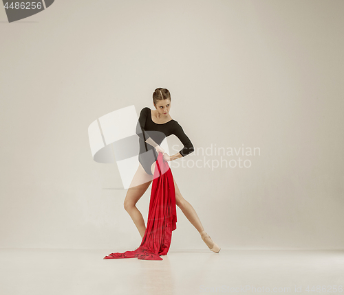 Image of Modern ballet dancer dancing in full body on white studio background.