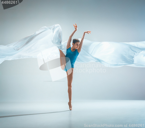 Image of Modern ballet dancer dancing in full body on white studio background.