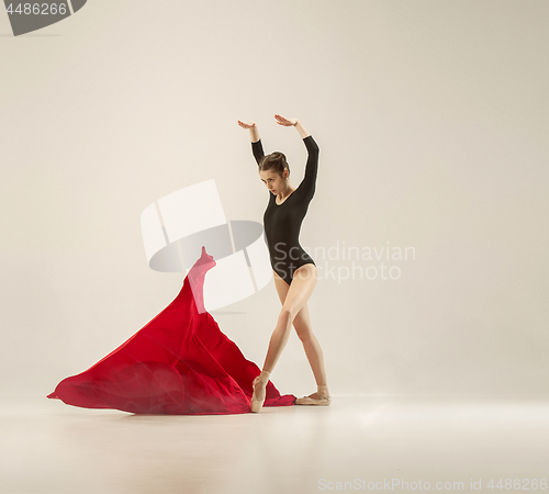 Image of Modern ballet dancer dancing in full body on white studio background.