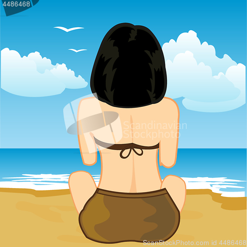 Image of Girl sits ashore ocean on sand beach