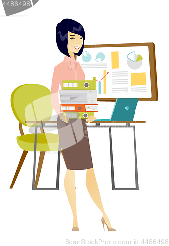 Image of Business woman holding pile of folders.