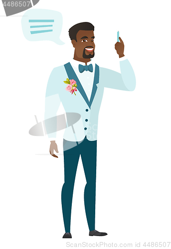 Image of Young african-american groom with speech bubble.