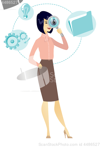 Image of Asian business woman with magnifying glass.