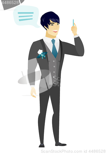 Image of Young asian groom with speech bubble.