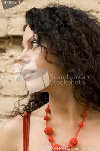 Image of brunette on brick wall background